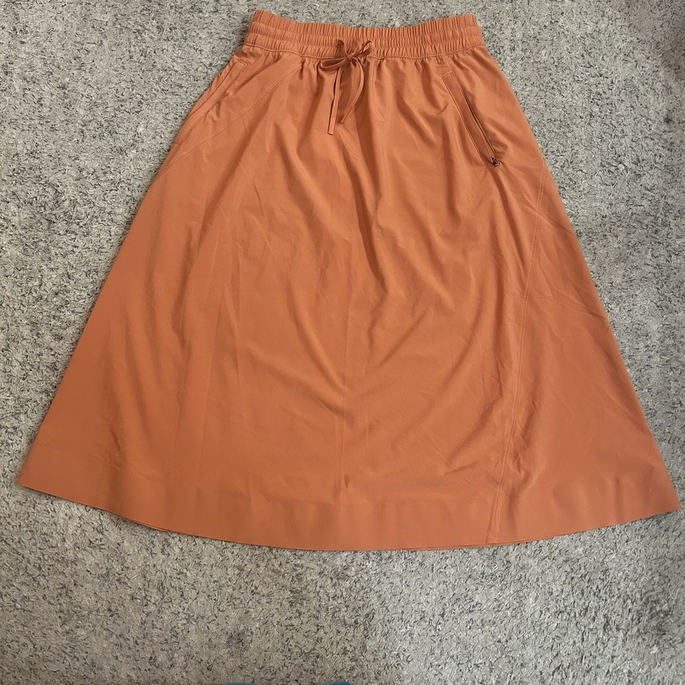 Athleta women's 4 Arrival Midi A-Line orange Skirt Elastic Waist Drawstring